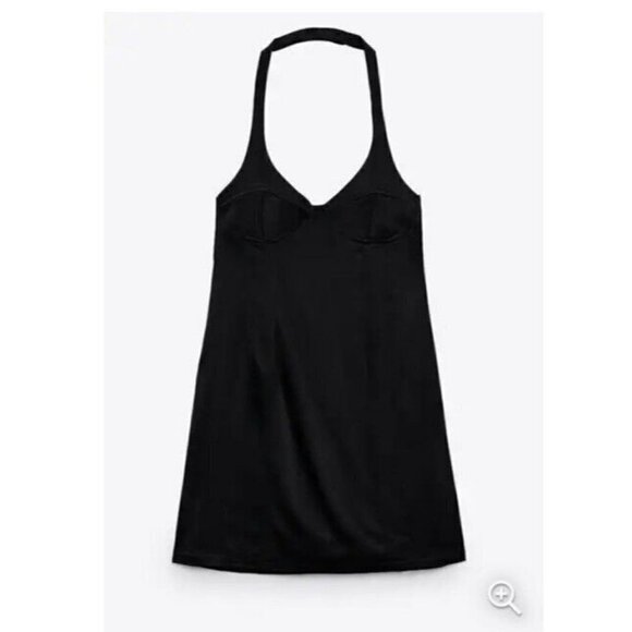 Zara Satin Bustier Mini Dress LARGE Black Lingerie Style open back Seamed NEW - Picture 9 of 16